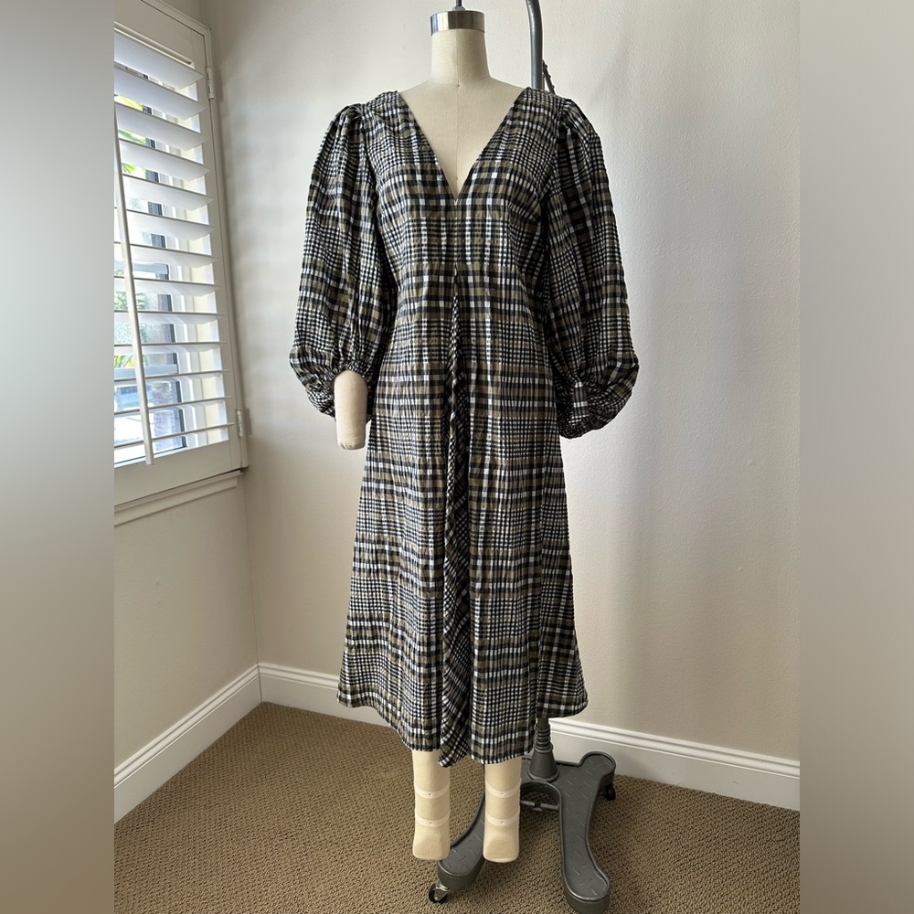Ganni checked seersucker midi dress